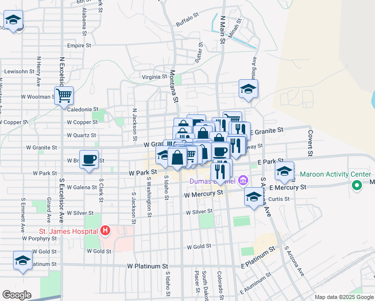 map of restaurants, bars, coffee shops, grocery stores, and more near 120 North Montana Street in Butte