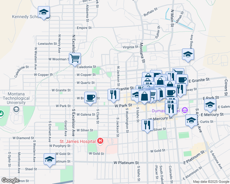 map of restaurants, bars, coffee shops, grocery stores, and more near 501 West Granite Street in Butte