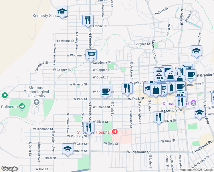 map of restaurants, bars, coffee shops, grocery stores, and more near 713 West Granite Street in Butte