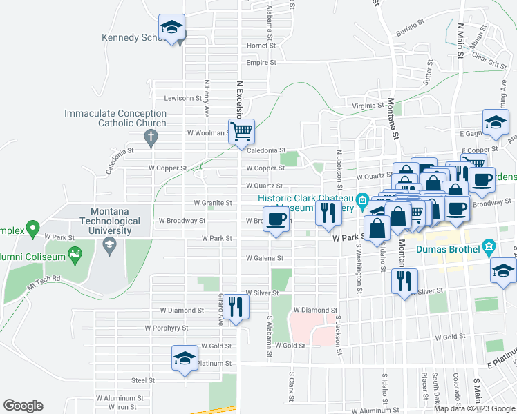 map of restaurants, bars, coffee shops, grocery stores, and more near 818 West Granite Street in Butte