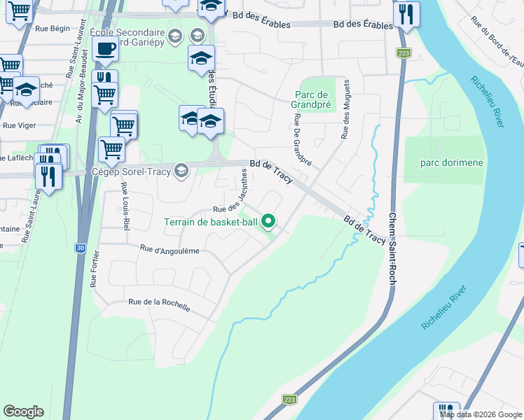 map of restaurants, bars, coffee shops, grocery stores, and more near 7842 Rue des Pinsons in Sorel-Tracy