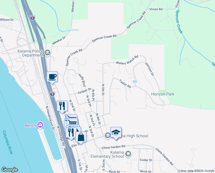 map of restaurants, bars, coffee shops, grocery stores, and more near 705 Taylor Road in Kalama