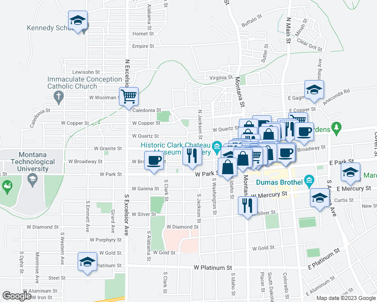 map of restaurants, bars, coffee shops, grocery stores, and more near 522 West Granite Street in Butte