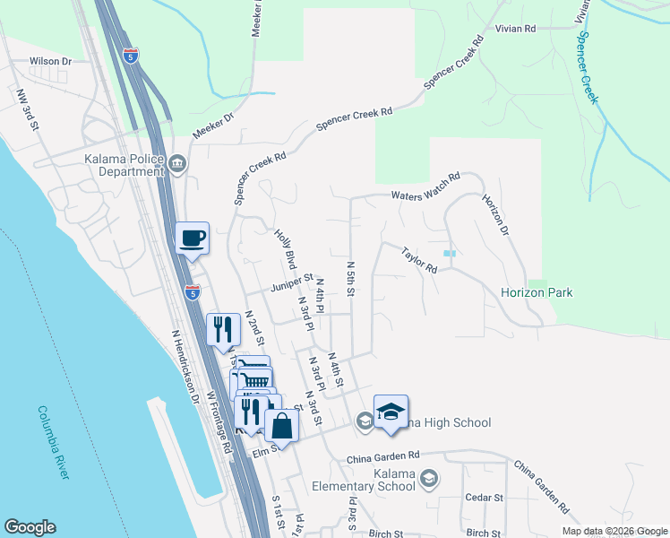 map of restaurants, bars, coffee shops, grocery stores, and more near 601 North 5th Street in Kalama