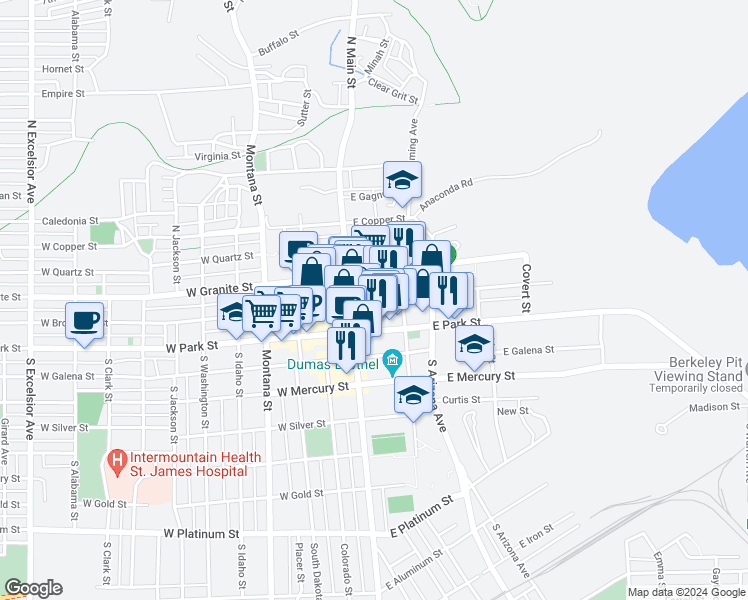 map of restaurants, bars, coffee shops, grocery stores, and more near 65 East Broadway Street in Butte