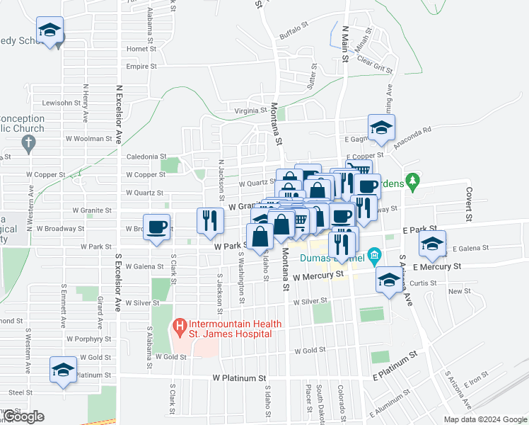 map of restaurants, bars, coffee shops, grocery stores, and more near 128 North Idaho Street in Butte