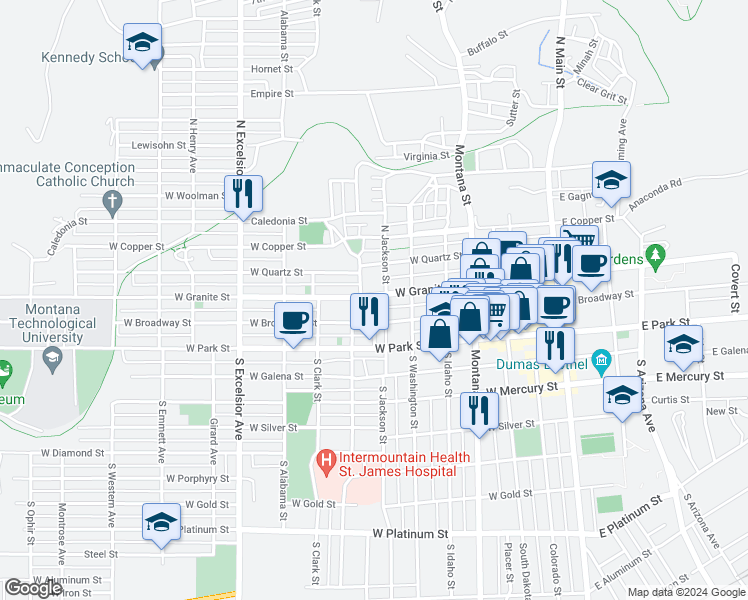 map of restaurants, bars, coffee shops, grocery stores, and more near 514 West Granite Street in Butte