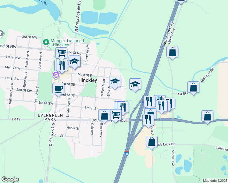 map of restaurants, bars, coffee shops, grocery stores, and more near 111 Blair Avenue South in Hinckley
