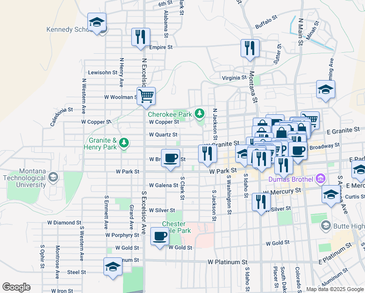 map of restaurants, bars, coffee shops, grocery stores, and more near 713 West Granite Street in Butte