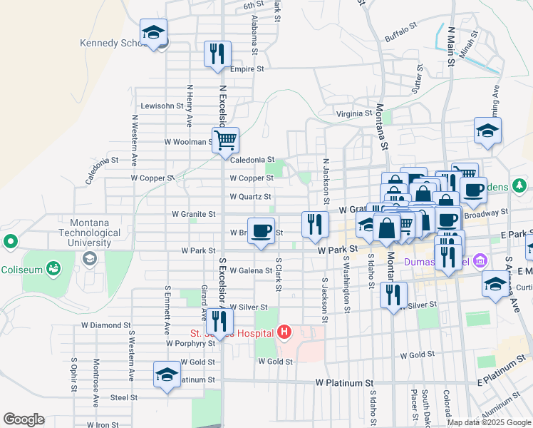 map of restaurants, bars, coffee shops, grocery stores, and more near 713 West Granite Street in Butte