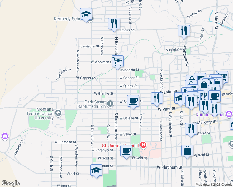map of restaurants, bars, coffee shops, grocery stores, and more near 200 North Excelsior Avenue in Butte