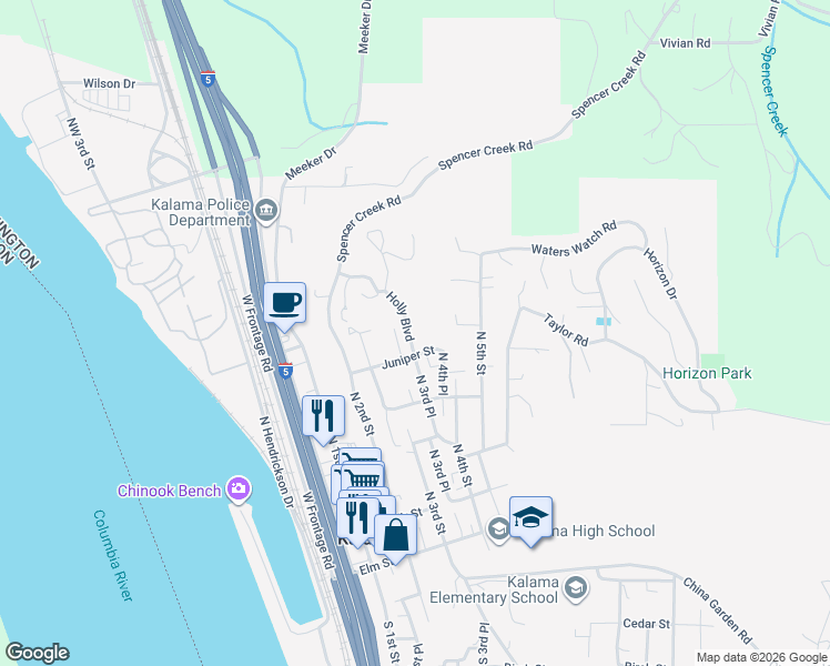 map of restaurants, bars, coffee shops, grocery stores, and more near 320 Holly Boulevard in Kalama