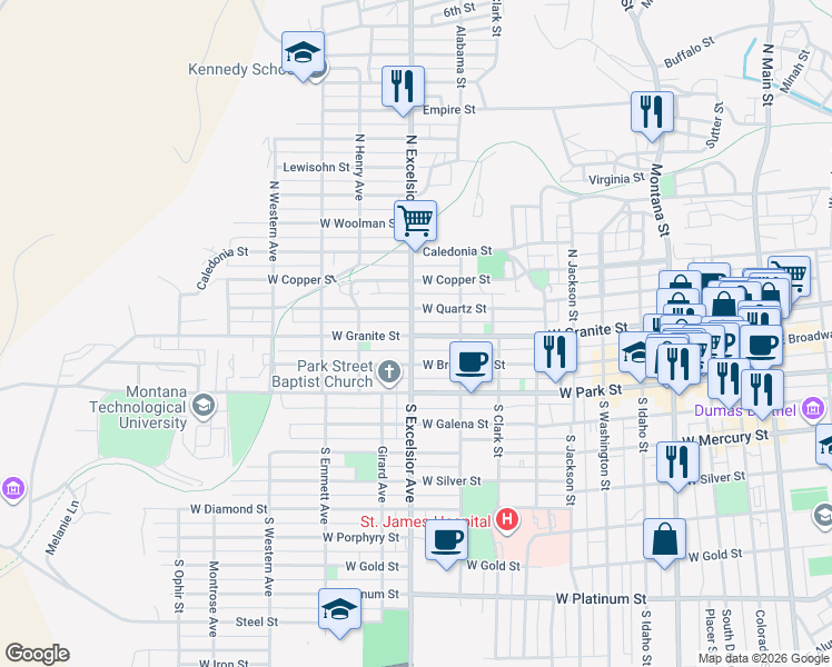 map of restaurants, bars, coffee shops, grocery stores, and more near 206 North Excelsior Avenue in Butte