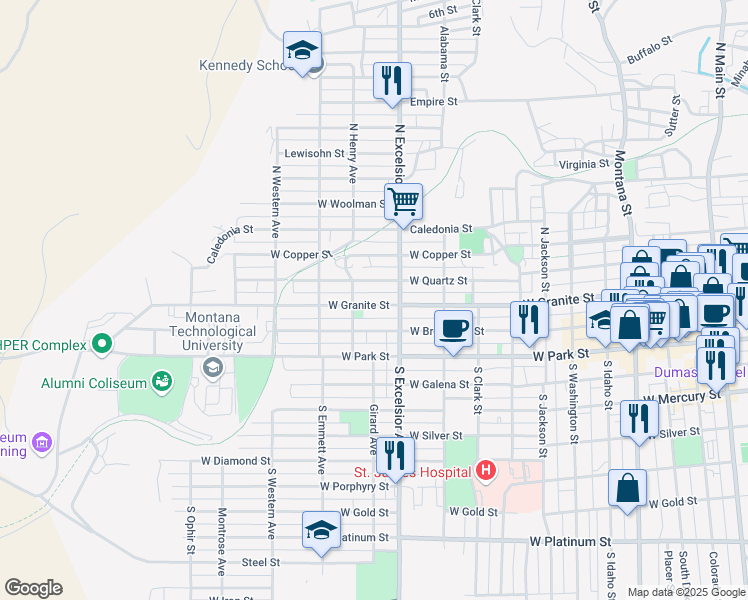 map of restaurants, bars, coffee shops, grocery stores, and more near 933 West Granite Street in Butte