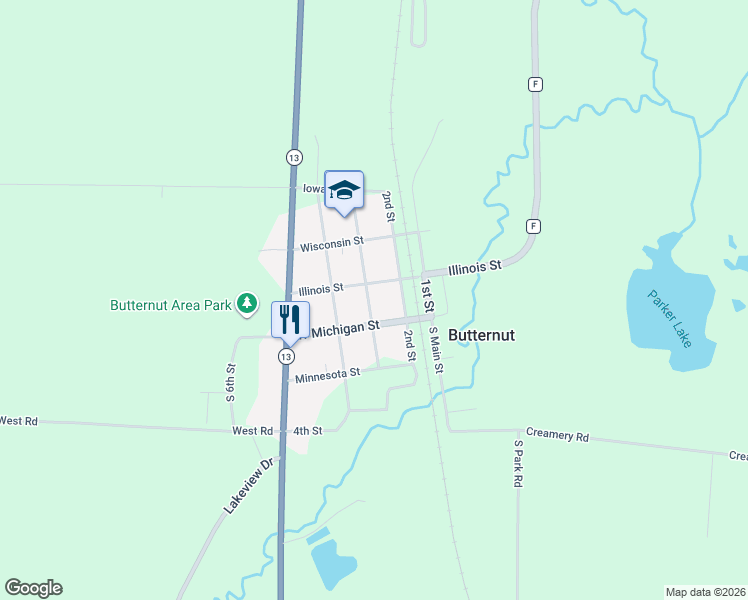 map of restaurants, bars, coffee shops, grocery stores, and more near 116 3rd Street in Butternut