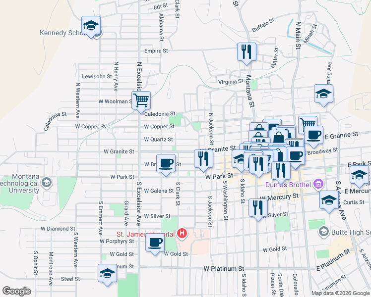 map of restaurants, bars, coffee shops, grocery stores, and more near 635 West Granite Street in Butte