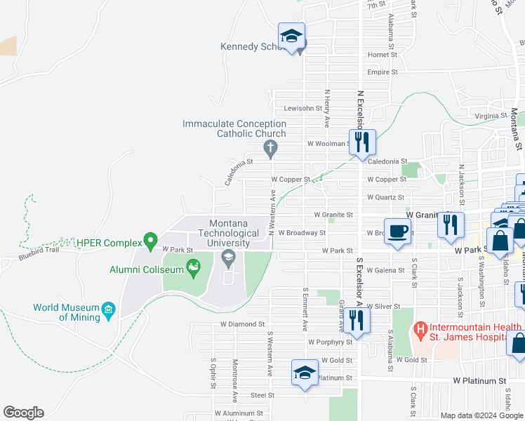 map of restaurants, bars, coffee shops, grocery stores, and more near 1217 West Granite Street in Butte