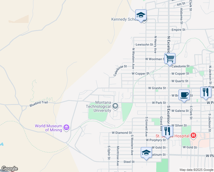 map of restaurants, bars, coffee shops, grocery stores, and more near 1405 West Granite Street in Butte