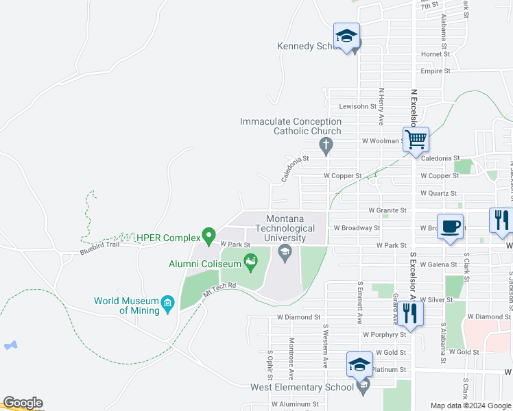 map of restaurants, bars, coffee shops, grocery stores, and more near 1421 West Granite Street in Butte