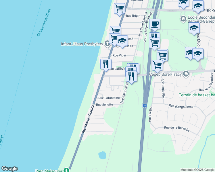 map of restaurants, bars, coffee shops, grocery stores, and more near 3255 Rue Robert-Côté in Sorel-Tracy