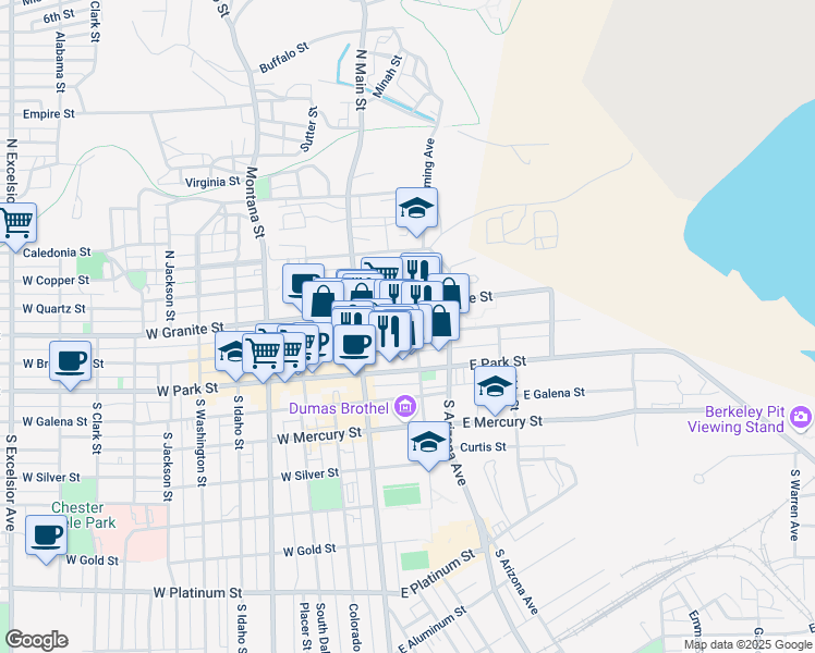 map of restaurants, bars, coffee shops, grocery stores, and more near 65 East Broadway Street in Butte