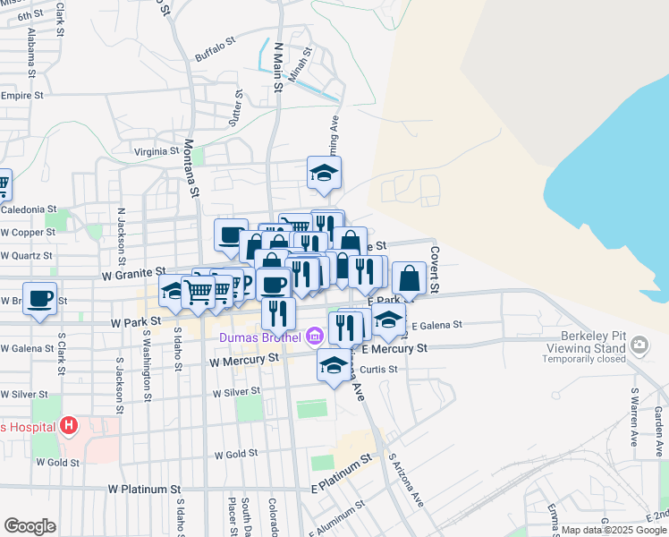 map of restaurants, bars, coffee shops, grocery stores, and more near 107 East Broadway Street in Butte