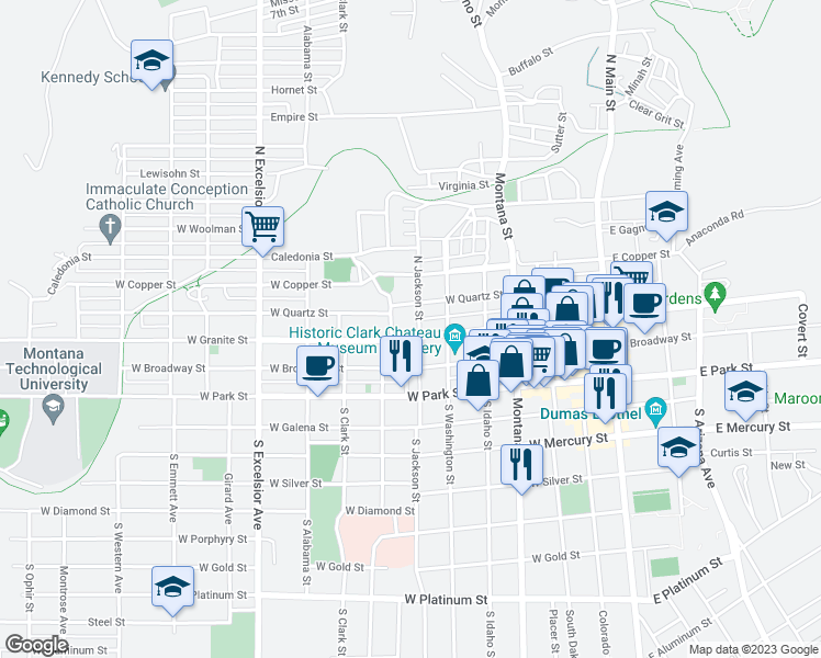 map of restaurants, bars, coffee shops, grocery stores, and more near 501 West Granite Street in Butte