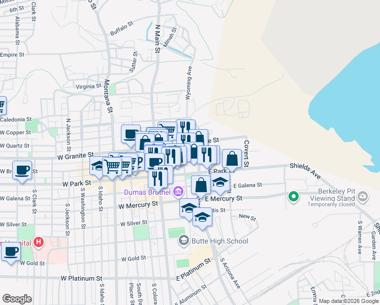 map of restaurants, bars, coffee shops, grocery stores, and more near 107 East Broadway Street in Butte