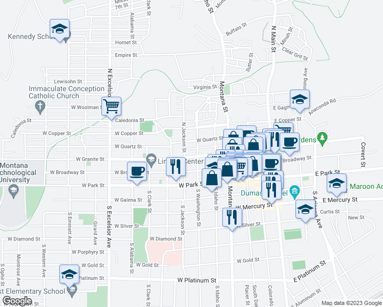 map of restaurants, bars, coffee shops, grocery stores, and more near 405 West Granite Street in Butte