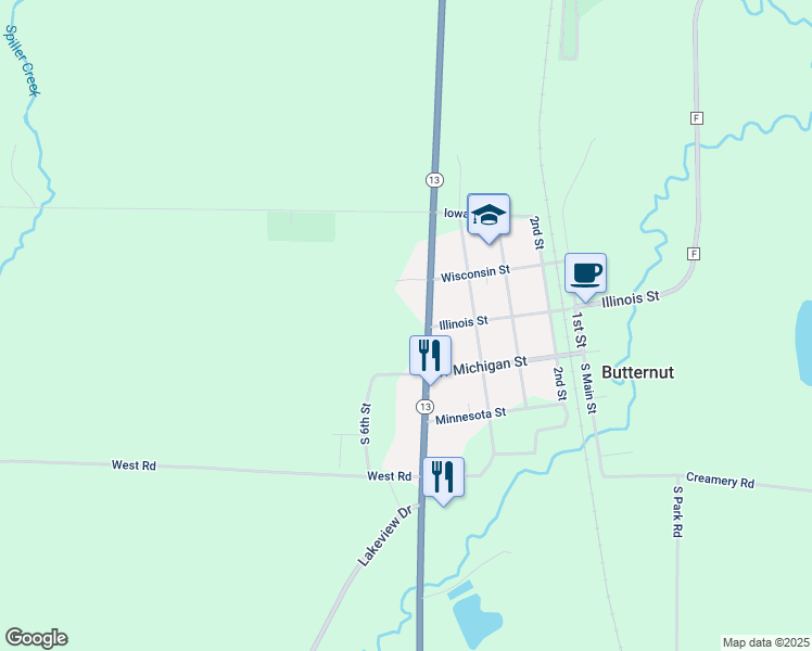 map of restaurants, bars, coffee shops, grocery stores, and more near 100 North 5th Street in Butternut