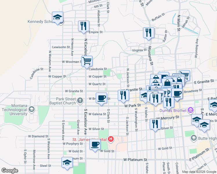 map of restaurants, bars, coffee shops, grocery stores, and more near 713 West Granite Street in Butte