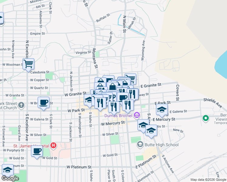 map of restaurants, bars, coffee shops, grocery stores, and more near 106 West Granite Street in Butte