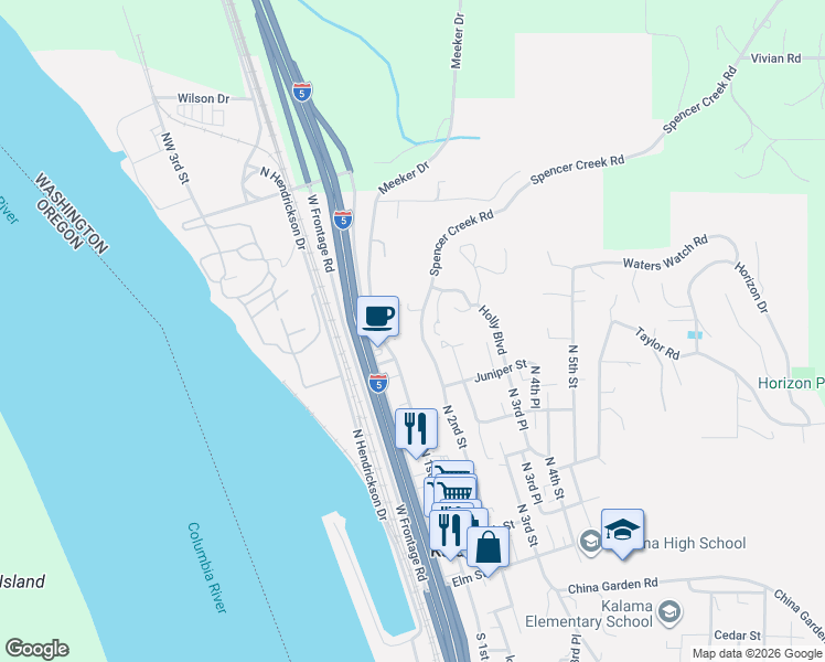 map of restaurants, bars, coffee shops, grocery stores, and more near 753 North 2nd Street in Kalama