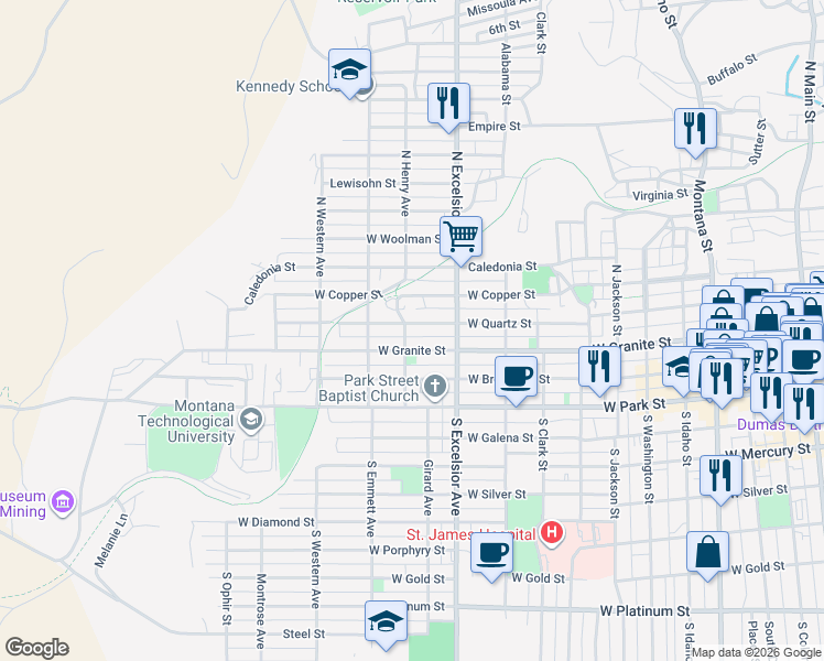 map of restaurants, bars, coffee shops, grocery stores, and more near 943 West Granite Street in Butte