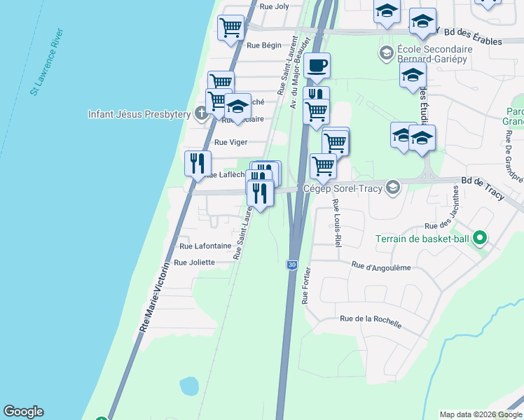 map of restaurants, bars, coffee shops, grocery stores, and more near 3150 Boulevard de Tracy in Sorel-Tracy