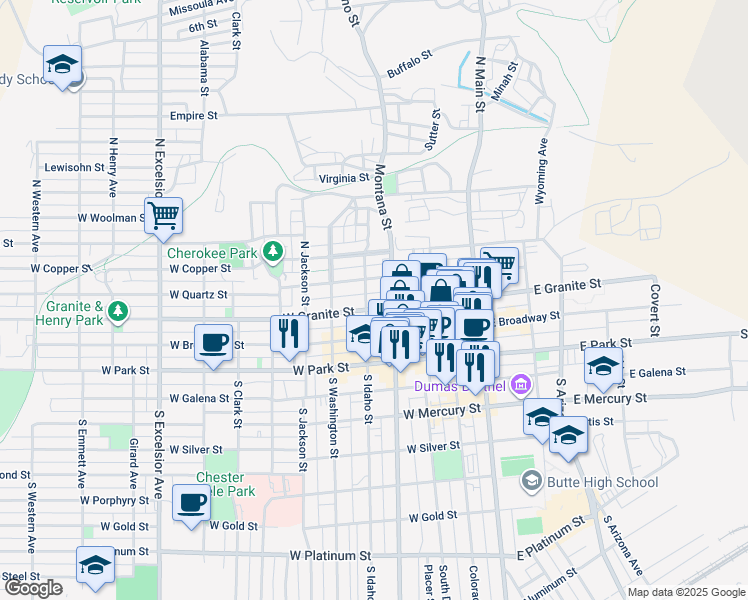 map of restaurants, bars, coffee shops, grocery stores, and more near 219 West Granite Street in Butte