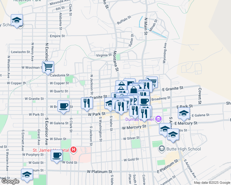 map of restaurants, bars, coffee shops, grocery stores, and more near 128 North Idaho Street in Butte