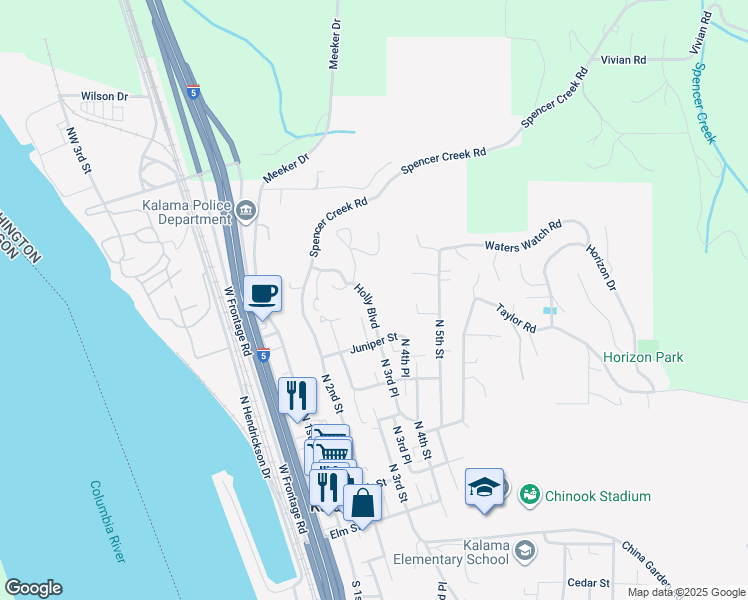 map of restaurants, bars, coffee shops, grocery stores, and more near 314 Holly Boulevard in Kalama