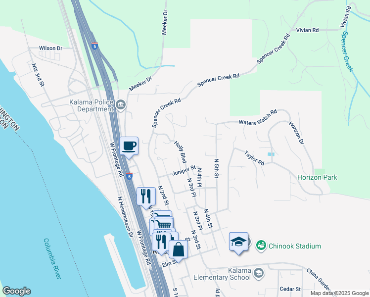 map of restaurants, bars, coffee shops, grocery stores, and more near 314 Holly Boulevard in Kalama