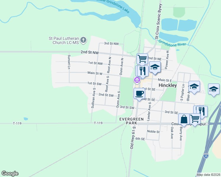 map of restaurants, bars, coffee shops, grocery stores, and more near 208 2nd Street Southeast in Hinckley