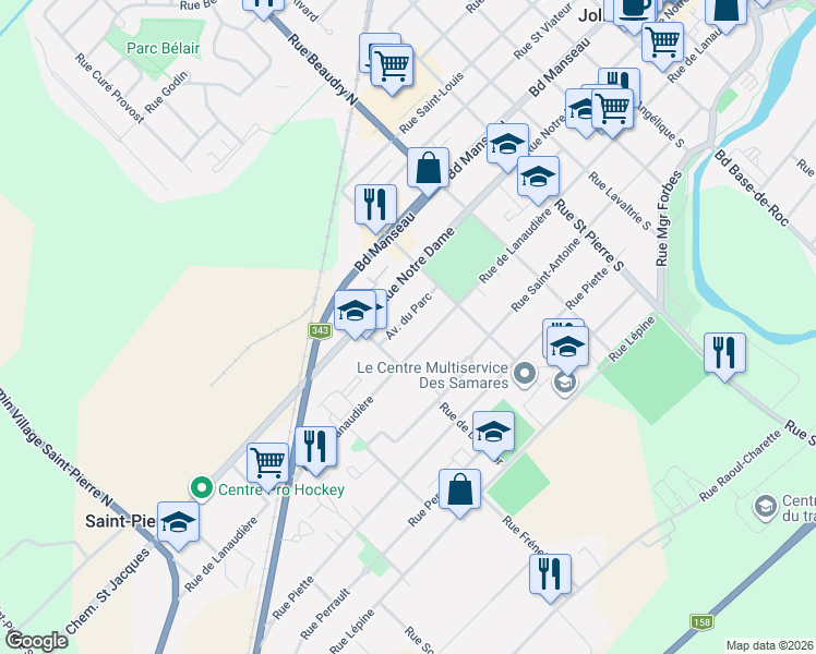 map of restaurants, bars, coffee shops, grocery stores, and more near 1201 Avenue du Parc in Joliette