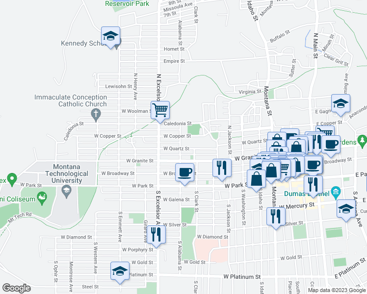 map of restaurants, bars, coffee shops, grocery stores, and more near 727 West Quartz Street in Butte