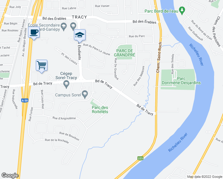 map of restaurants, bars, coffee shops, grocery stores, and more near 2192 Boulevard de Tracy in Sorel-Tracy