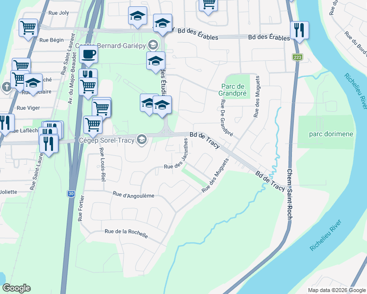 map of restaurants, bars, coffee shops, grocery stores, and more near 8205 Rue des Jacinthes in Sorel-Tracy