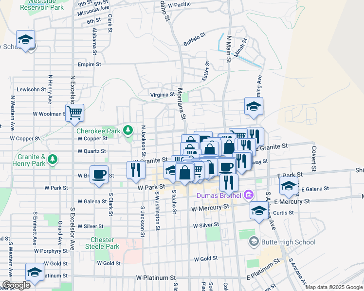 map of restaurants, bars, coffee shops, grocery stores, and more near 211 West Quartz Street in Butte