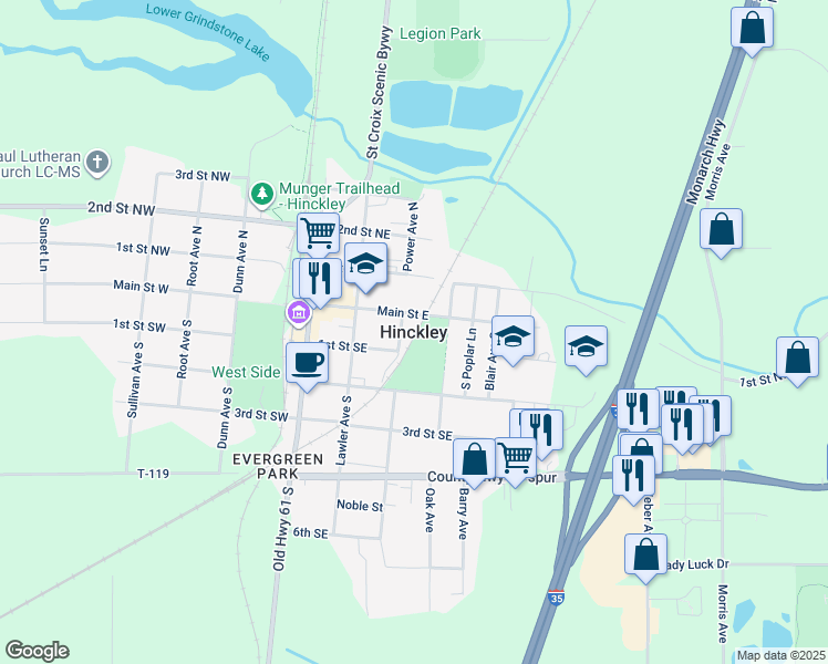 map of restaurants, bars, coffee shops, grocery stores, and more near in Hinckley