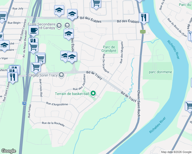 map of restaurants, bars, coffee shops, grocery stores, and more near 2190 Boulevard de Tracy in Sorel-Tracy
