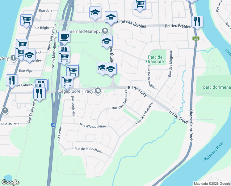 map of restaurants, bars, coffee shops, grocery stores, and more near 2800 Boulevard de Tracy in Sorel-Tracy