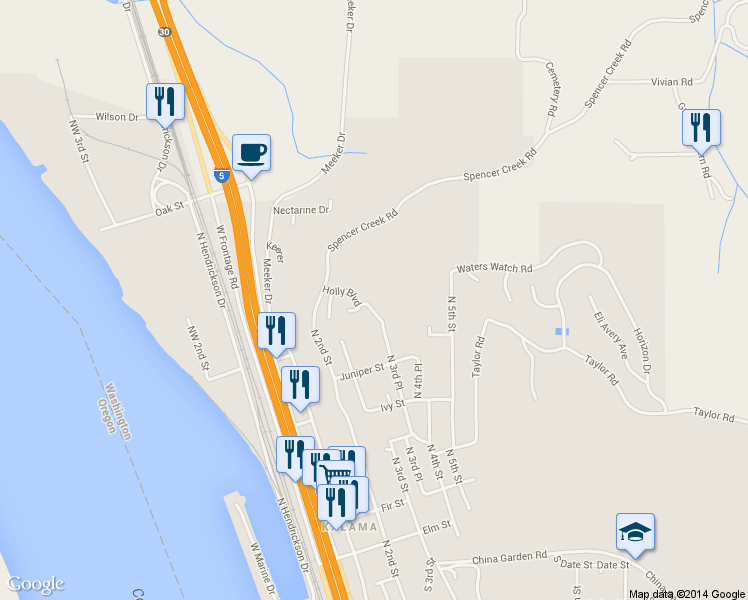 map of restaurants, bars, coffee shops, grocery stores, and more near 310 Holly Boulevard in Kalama