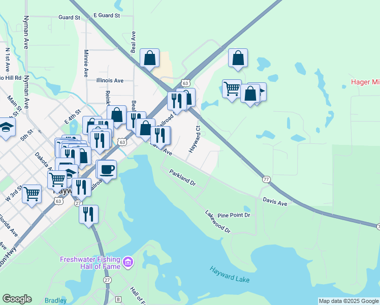 map of restaurants, bars, coffee shops, grocery stores, and more near 10589 Hayward Court in Hayward